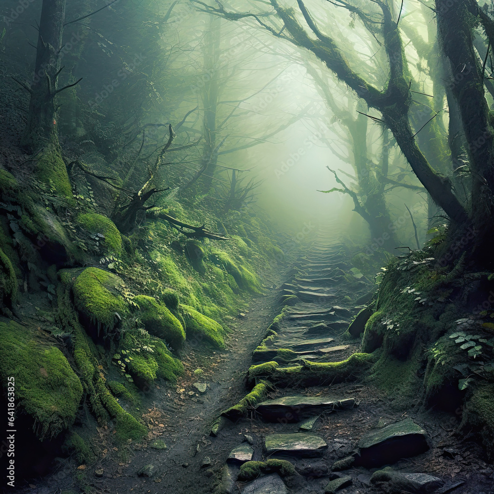 Foggy Forest Trail,misty morning in the forest