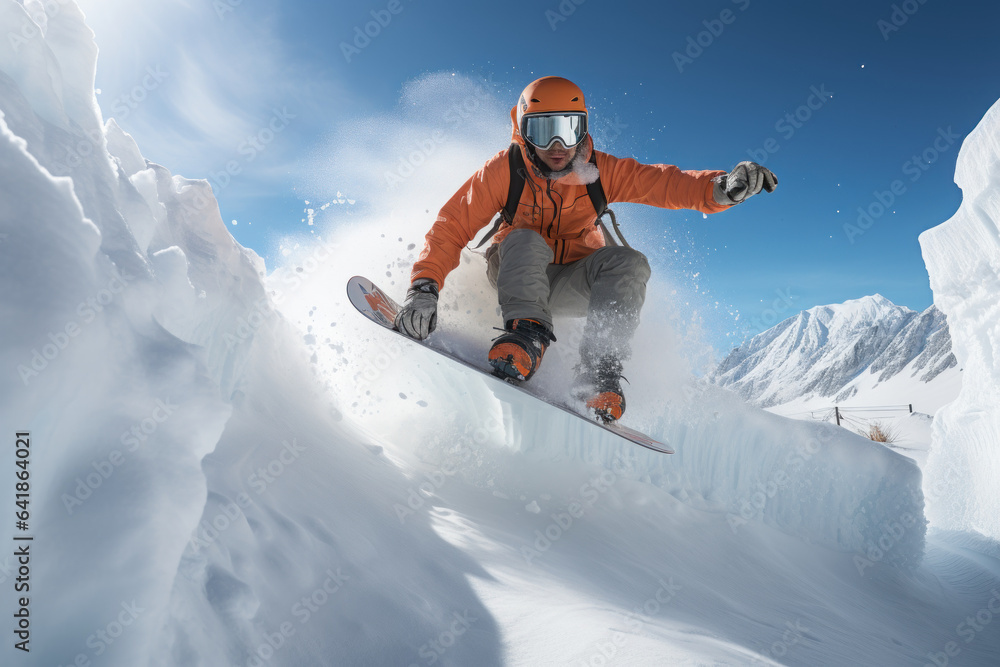 A snowboarder performs tricks on a rail in a terrain park, showcasing skill and creativity in a winter sports challenge. Generative Ai.