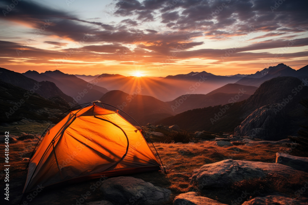 A person captures the serene beauty of a sunrise over a mountain range from their campsite, appreciating the natural wonders of camping. Generative Ai.