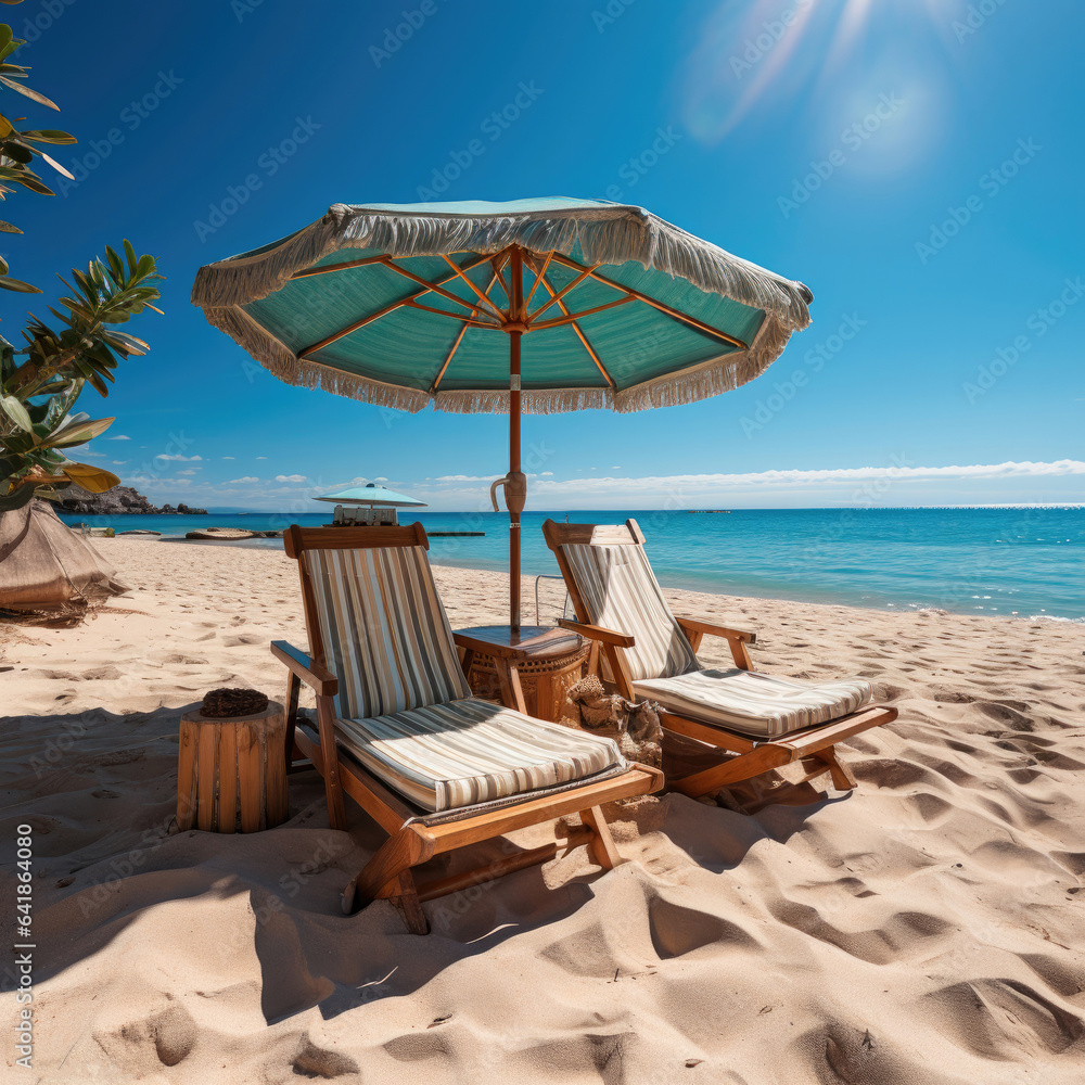 Sunbeds under an umbrella on a sandy beach by the sea. Vacation and Tourism concept