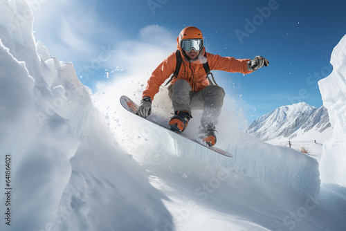 A snowboarder performs tricks on a rail in a terrain park, showcasing skill and creativity in a winter sports challenge. Generative Ai. © Sebastian