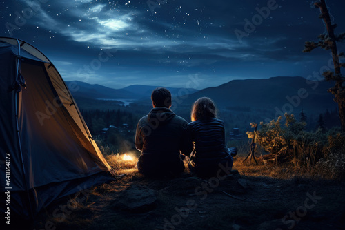 A couple gazes at the night sky filled with stars from their tent, immersing in the awe-inspiring beauty of camping. Generative Ai. © Sebastian