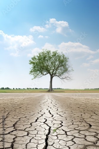 lonely tree in middle of dry ground, plant in desert, climate change concept, generative AI