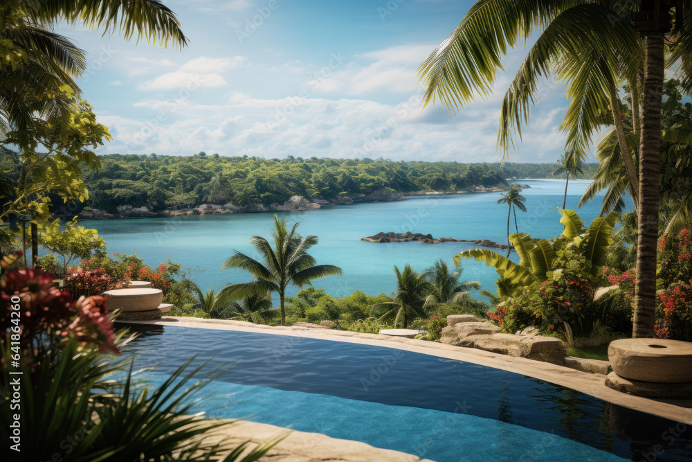 A resort's infinity pool offers an unobstructed view of a tropical paradise, inviting guests to swim and soak in pure luxury. Generative Ai.