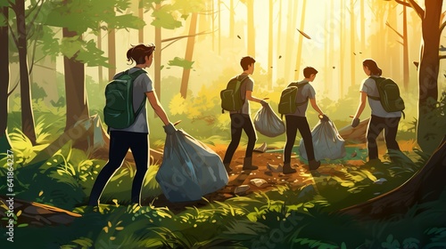 young happy volunteers collecting garbage, litter and trash in park or forest at nature, cartoon illustration, generative AI
