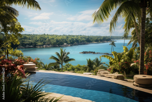 A resort's infinity pool offers an unobstructed view of a tropical paradise, inviting guests to swim and soak in pure luxury. Generative Ai. © Sebastian
