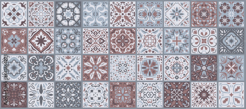 Set of patterned azulejo floor tiles. Abstract geometric background. Collection of ceramic tiles in turkish style. Seamless colorful patchwork. Portuguese and Spain decor. Islam, Arabic, Indian motif.