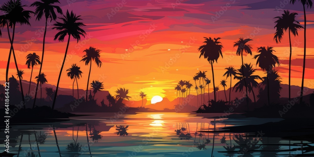 Horizontal illustration of a sunset on paradise island.