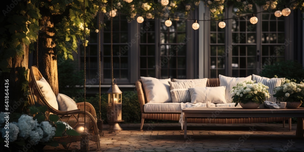 garden furniture with cushions on wooden terrace with a tray of flowers at night - obrazy, fototapety, plakaty 