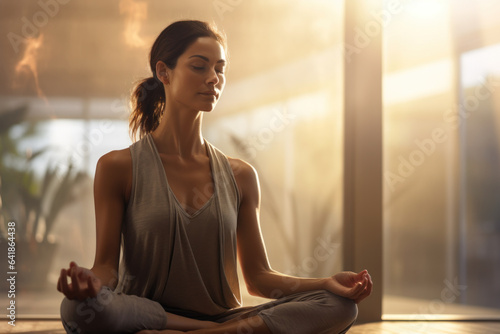 A person engages in a mindfulness meditation session at a wellness center, finding solace and connection in a serene third space. Generative Ai.