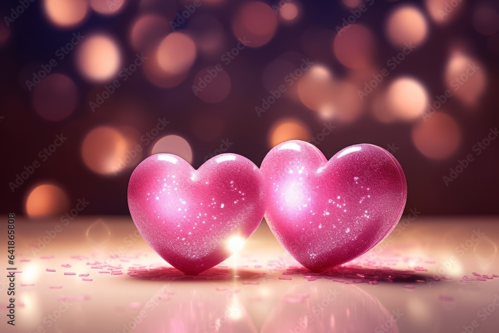 sparkling love: 2 pink hearts illuminated by lights, Generative AI sparkling love: 2 pink hearts illuminated by lights, Generative AI