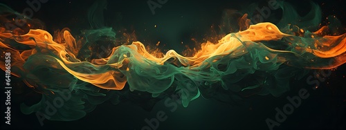 Liquid Ink Fusion: Ethereal Green and Orange Dynamics, Digital art 3D illustration, Wide Size Banner © Konrad