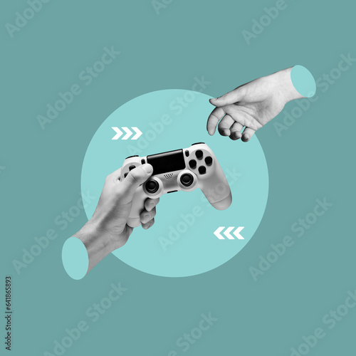 holding video game console controller, passing the video game controller, controller, control, hand with video game controller, passing the controller, two players, concept, collage art, photo collage © N-Universe