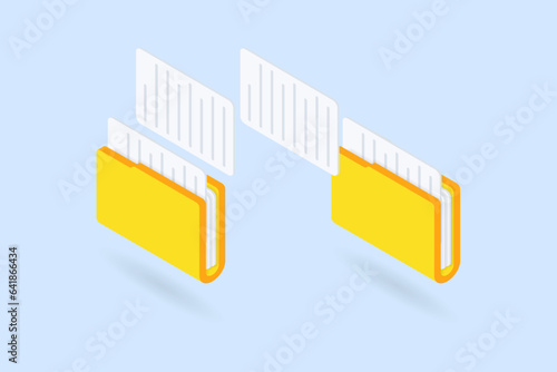 File transfer. Document exchange between folders. Remote connection, data backup, technology cloud, download, upload, save on storage, transmission service, network system concept. Isometric 3d vector
