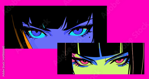 Dark-haired angry cool anime woman with short haircut. Retro comic book style vector illustration.
