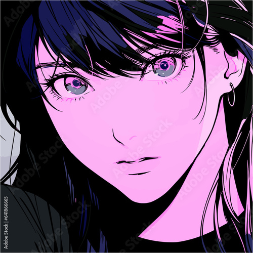 Dark-haired cool gothic anime woman with short haircut in neon colors. Manga comics style vector illustration.