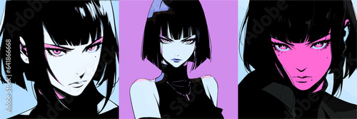 Pop art comic frame with dark-haired anime woman.