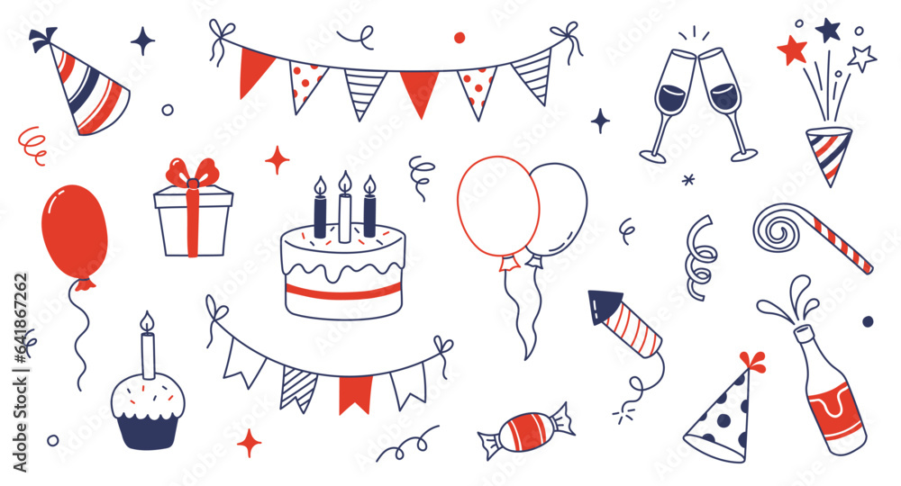 Birthday doodle icon element. Hand drawn sketch doodle birthday cake, balloon, event decoration element. Party, carnival celebration concept background. Vector illustration. Birthday doodle icon element. Hand drawn sketch doodle birthday cake, balloon, event decoration element. Party, carnival celebration concept background. Vector illustration.