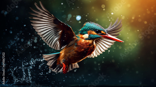 Kingfisher bird at the river, water splashing cinematic background. Generative ai © mr_marcom
