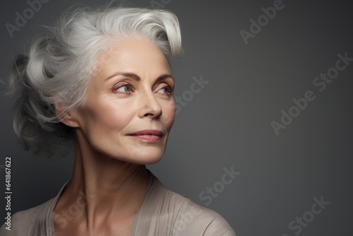 Elegant and stylish portrait of retirement age woman, anti-ageing, older age, gray colored hair, glamour, elderly fashion , confident personality, attractive maturity, older generation .
