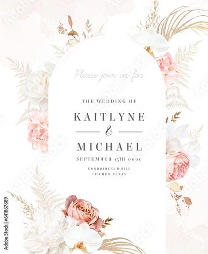 Flower and dried plants vector design round frame. Wedding watercolor flowers. Ivory white magnolia, orchid