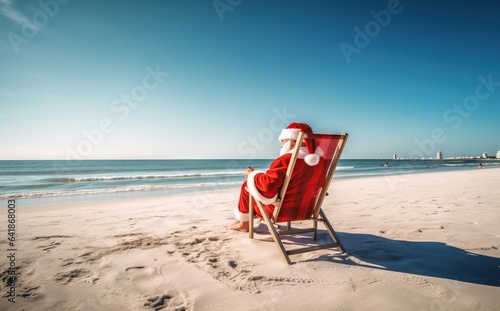 Portrait of santa claus sitting in armchair on beach © artem