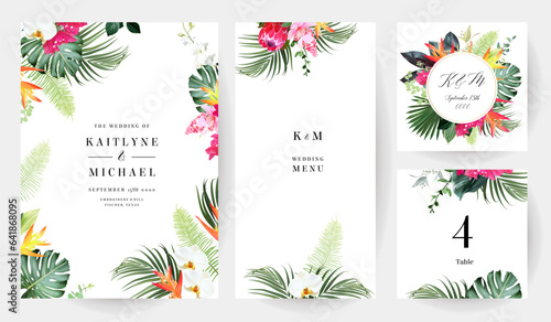 Tropical flowers and leaves vector design cards. White orchid, strelitzia, protea, medinilla, monstera, jungle palm leaves