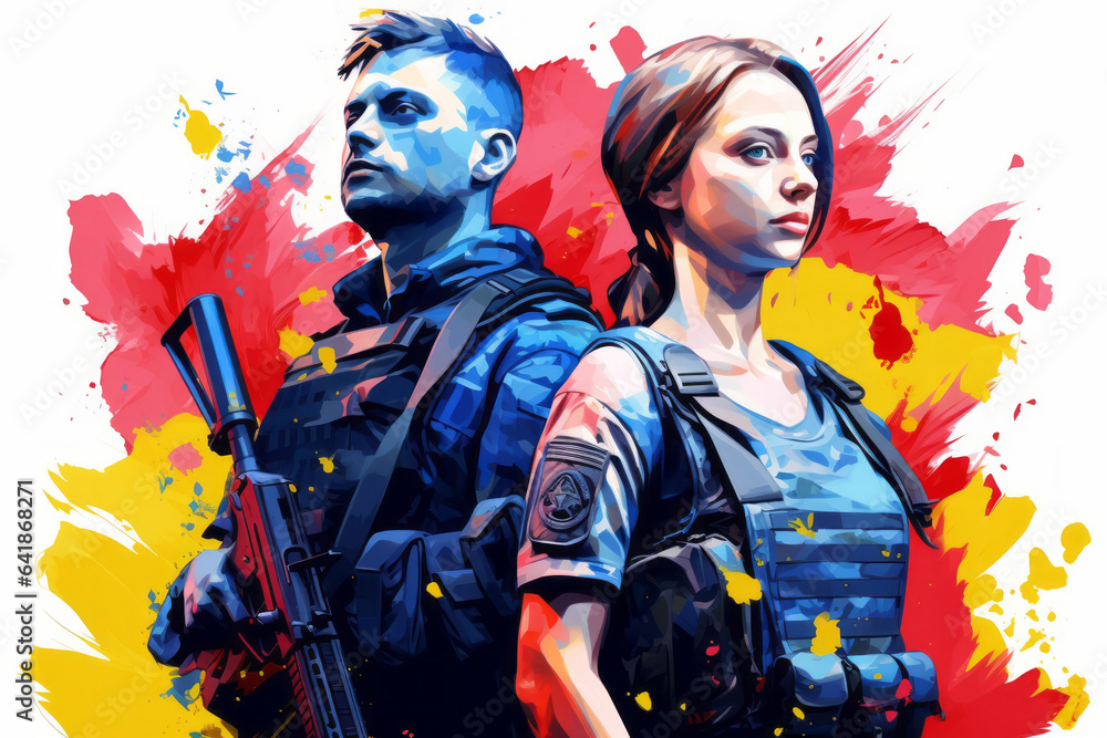 illustration of portrait man and woman of Ukrainian soldiers on colorful background illustration of portrait man and woman of Ukrainian soldiers on colorful background