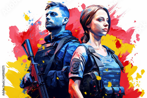 illustration of portrait man and woman of Ukrainian soldiers on colorful background