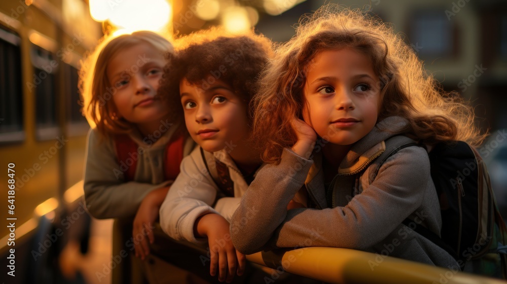 Children excitedly waiting for the school bus at the stop. Children excitedly waiting for the school bus at the stop.