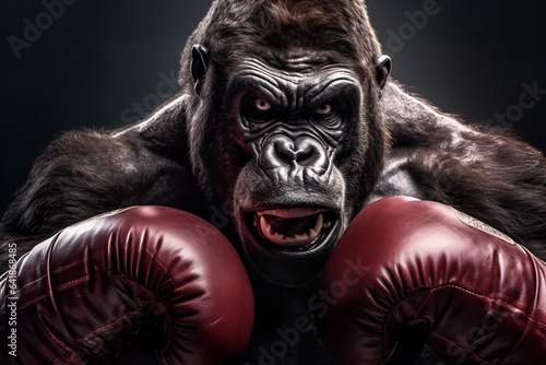 Angry gorilla fighting with boxing gloves. Studio shot over dark background. Strength and motion concept.  © vachom