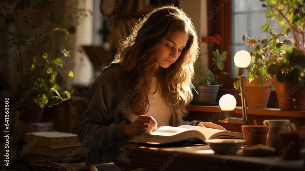 A girl immersed in a novel in her room. A girl immersed in a novel in her room.