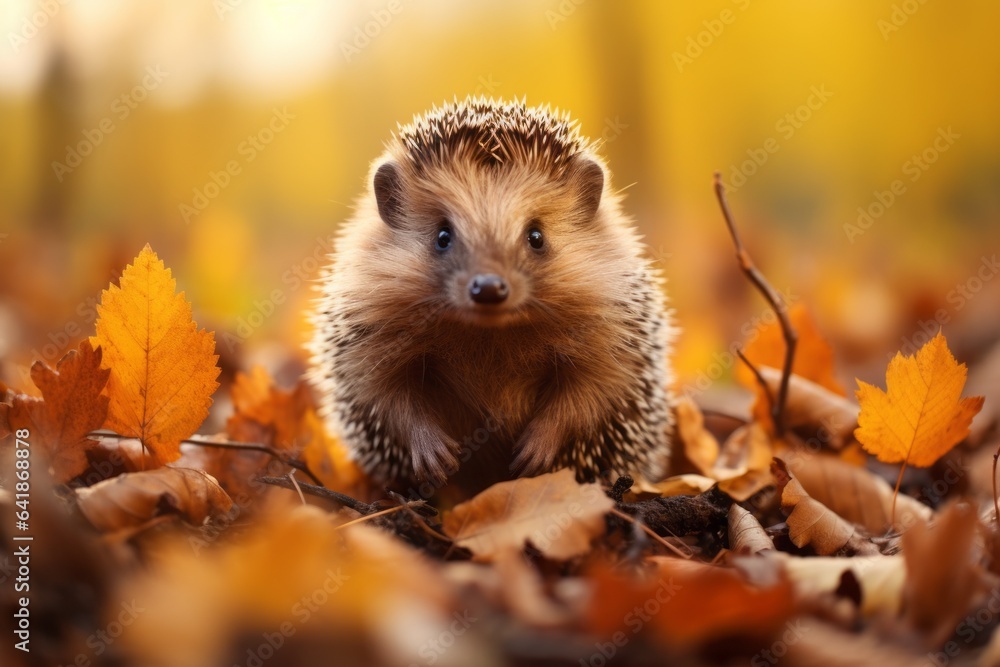 Hedgehog on the back of autumn nature. Background with selective focus and copy space - obrazy, fototapety, plakaty 
