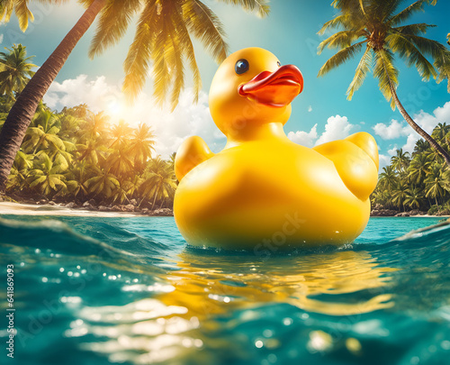 Giant yellow rubber duck in the clear sea among islands and palm trees