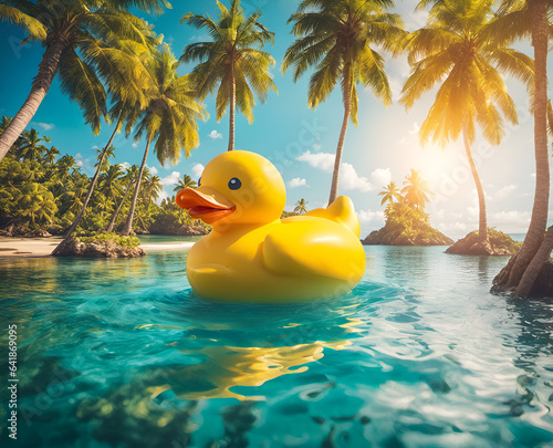Giant yellow rubber duck in the clear sea among islands and palm trees