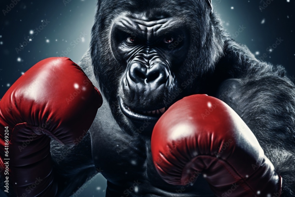 Angry gorilla fighting with boxing gloves. Studio shot over dark background. Strength and motion concept.
