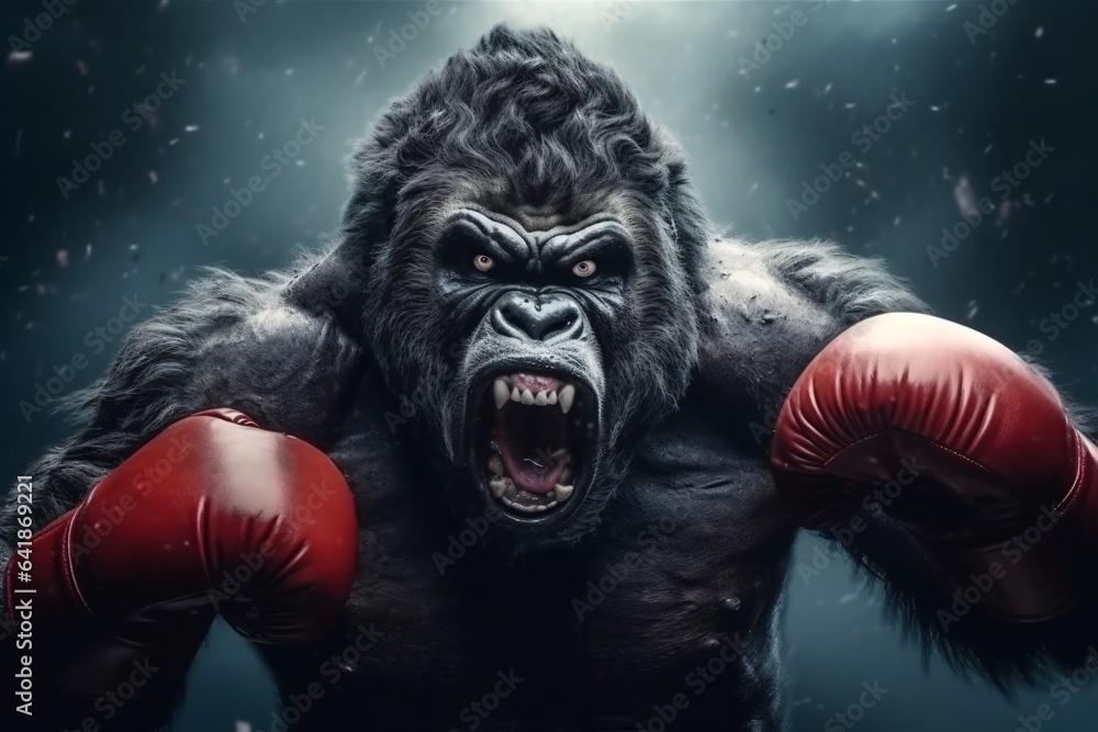 Angry gorilla fighting with boxing gloves. Studio shot over dark background. Strength and motion concept.
Angry gorilla fighting with boxing gloves. Studio shot over dark background. Strength and motion concept.