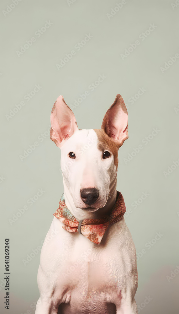 Vertical Wallpaper in minimalism style, cute little bull terrier portrait.