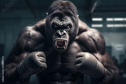 Angry gorilla fighting with boxing gloves. Studio shot over dark background. Strength and motion concept. 