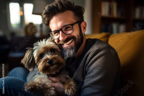 Portrait of a man with a terrier dog in house