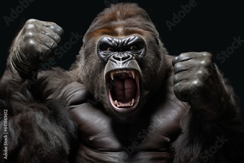 Angry gorilla fighting with boxing gloves. Studio shot over dark background. Strength and motion concept. 