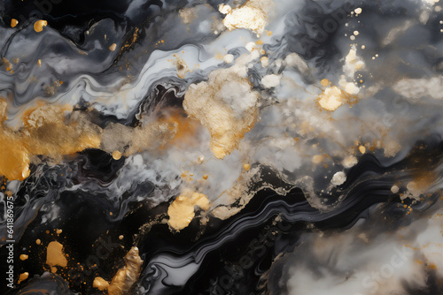 Abstract wavy background. white and gold acrylic paint on a black background. Imitation marble. © Svitlana Sylenko