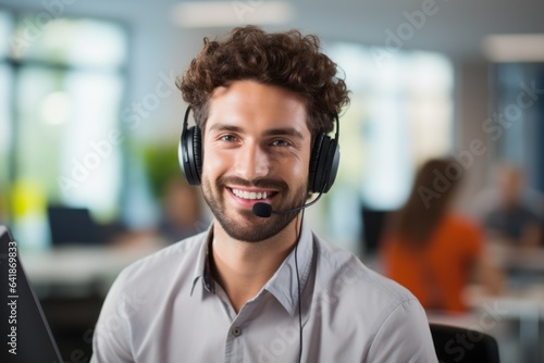 Man with headphones in the office at work. Modern call center or support service. photo