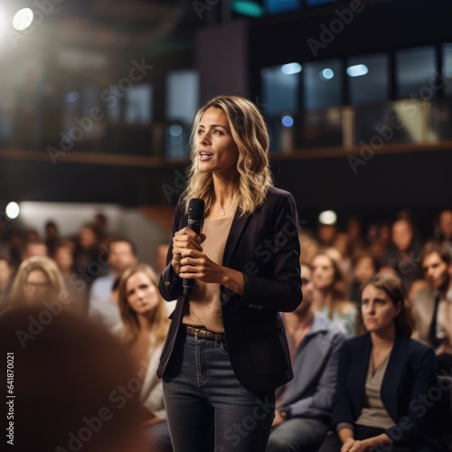 a female professional speaking to small crowd of diverse business people in a small auditorium