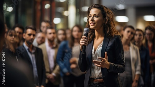 a female professional speaking to small crowd of diverse business people in a small auditorium