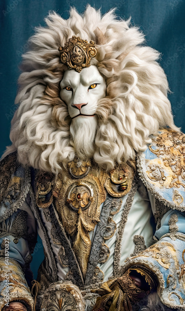 Regal Lion in Ornate Clothing,Royal lion in dress, animal concept photo portrait