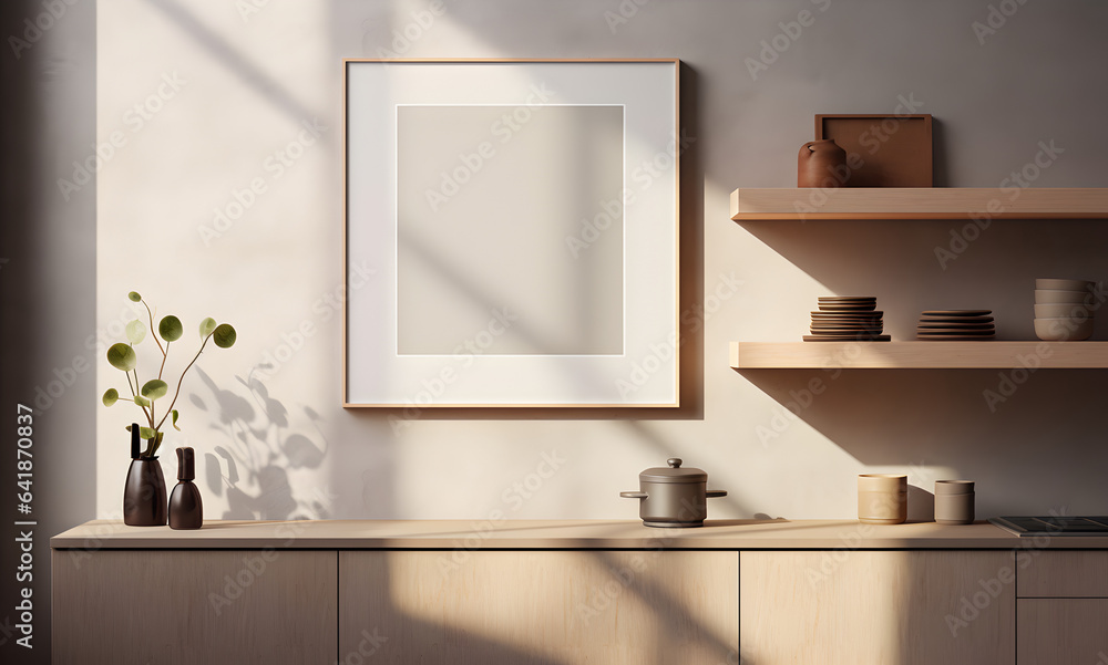 mockup cadre photo avec contour bois accroché à un mur de cuisine mockup cadre photo avec contour bois accroché à un mur de cuisine