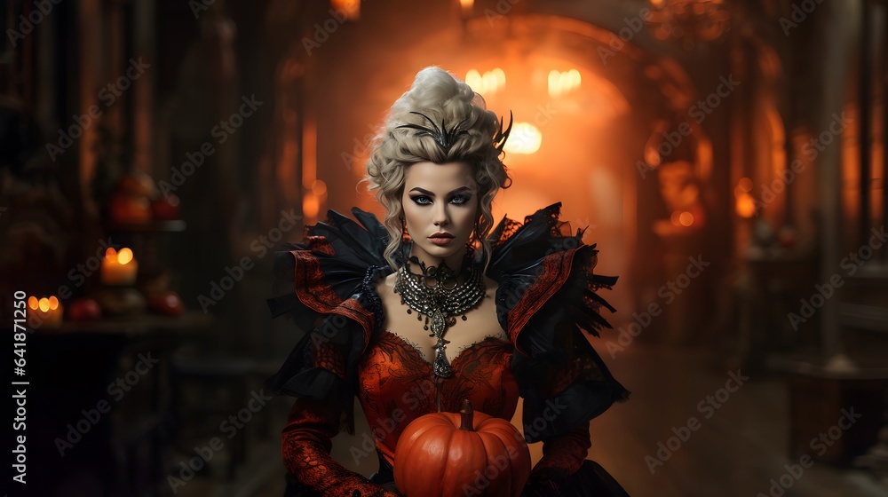 Queen of Halloween. Halloween witch. Beautiful young woman in black lingerie and witch hat at Halloween party. Queen of Halloween. Halloween witch. Beautiful young woman in black lingerie and witch hat at Halloween party.
