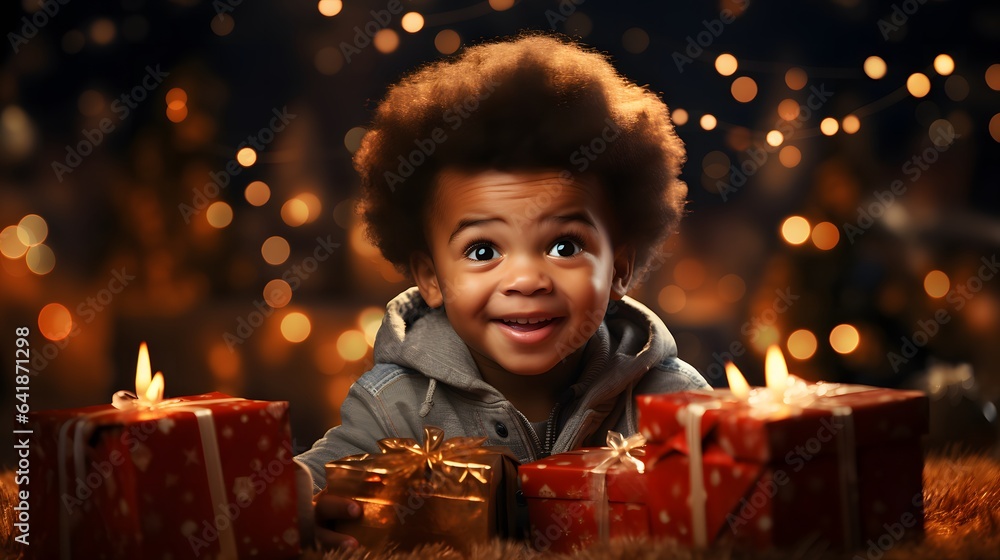 Cute African-American boy with gift boxes on Christmas lights background. Happy child opening christmas presents, christmas tree as bokeh, xmas. Cute African-American boy with gift boxes on Christmas lights background. Happy child opening christmas presents, christmas tree as bokeh, xmas.