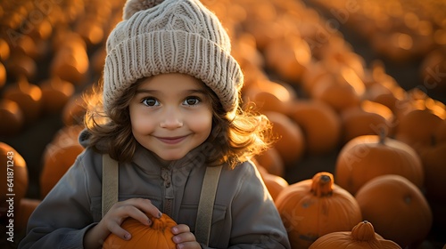 Happy Thanskgiving. Fall festival. Happy child in a pumpkin patch in autumn. Thanksgiving seasonal fall. 